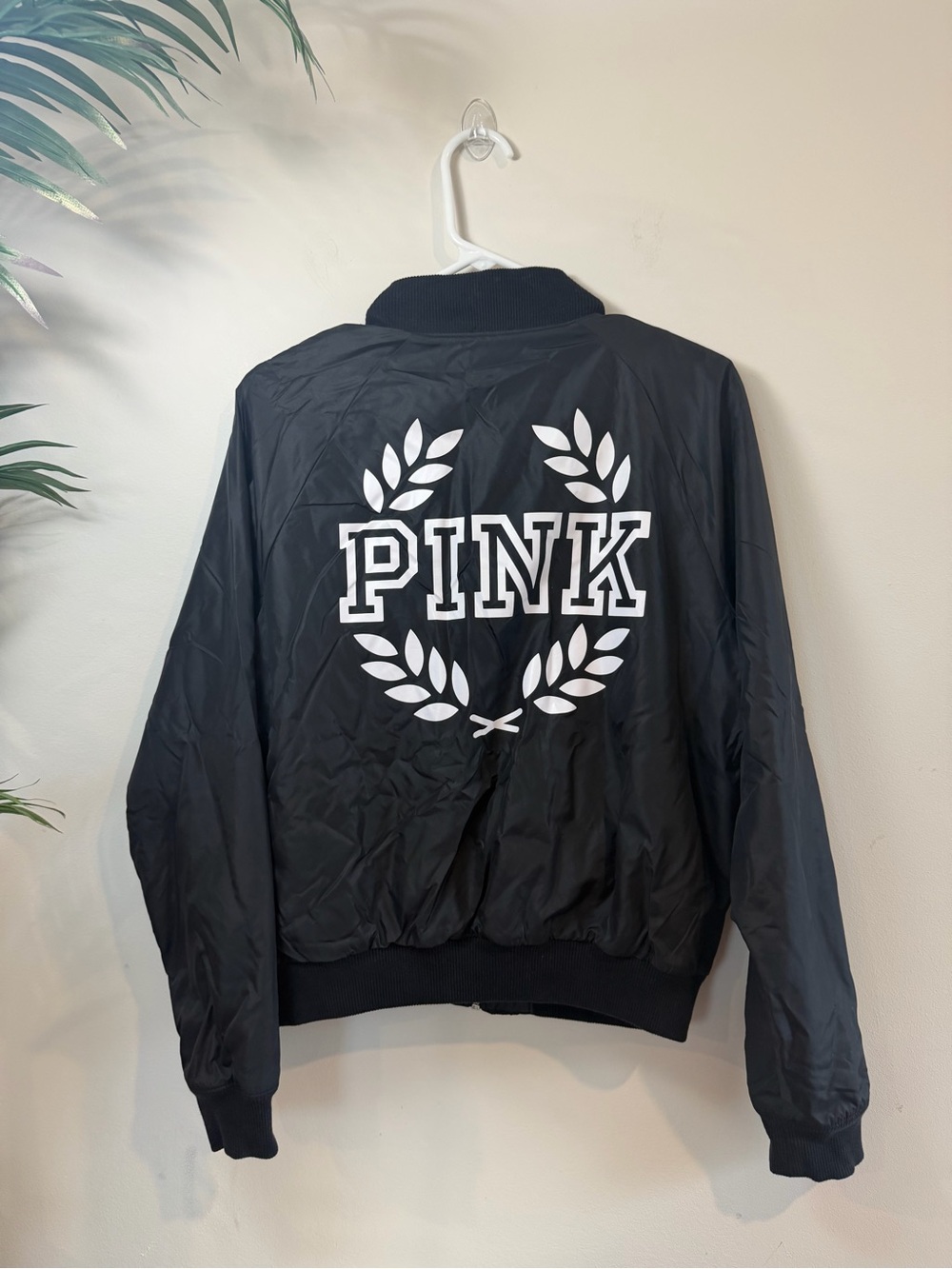 Victoria Secret PINK 2016 Bomber Black W/ White Print Jacket ~Size Small